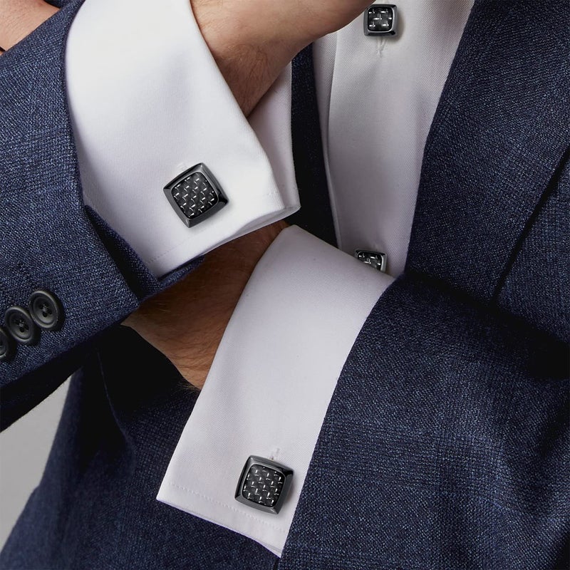 HAWSON Cufflinks and Studs for Men-Fashion Men Vintage Enamel Carbon Fiber Tuxedo Shirt Cufflinks and Studs Set for Regular Wedding Business Accessories (Silver Circle cufflinks set) - Image 2